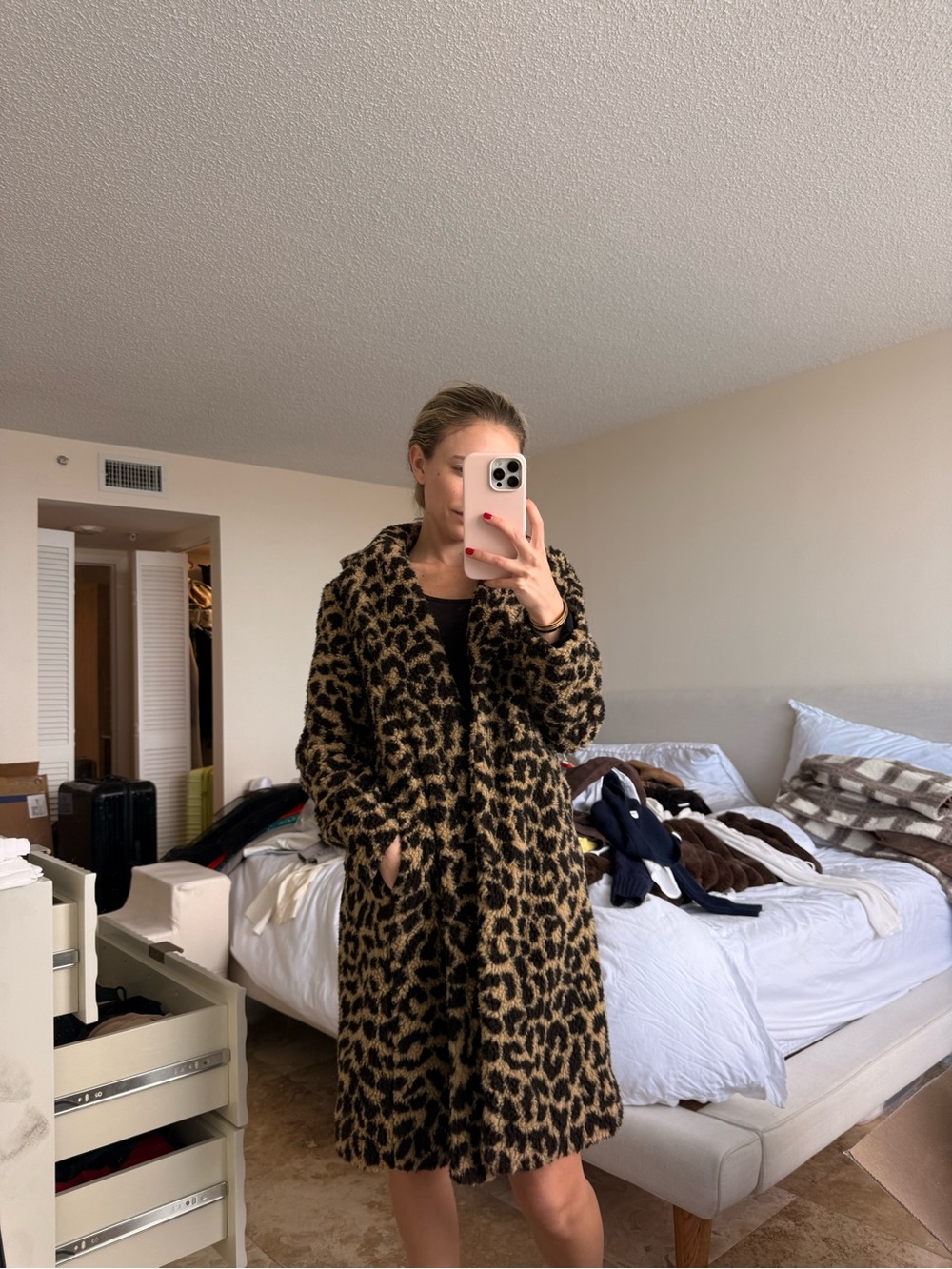 J. Crew Navy Lined Faux Fur Coat with Leopard Trim